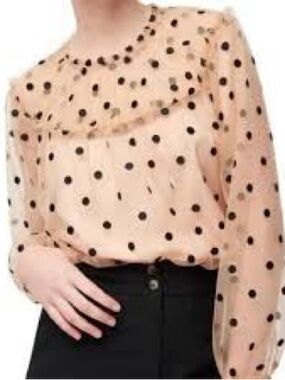 J. CREW Diana Candy Dot Tulle Sheer Black Polka Dot Ruffle Nude Blouse Top XS